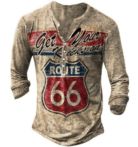 Herren Langarm-Henley-Shirt mit kreativem Vintage-route-66 Druck und hochwertigem Baumwollmix Echoarchiv