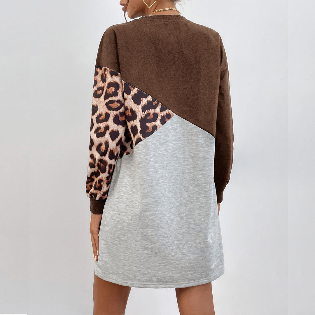 Damen Oversize-Sweatkleid mit Colorblock-Design und Leopardenärmeln Echoarchiv