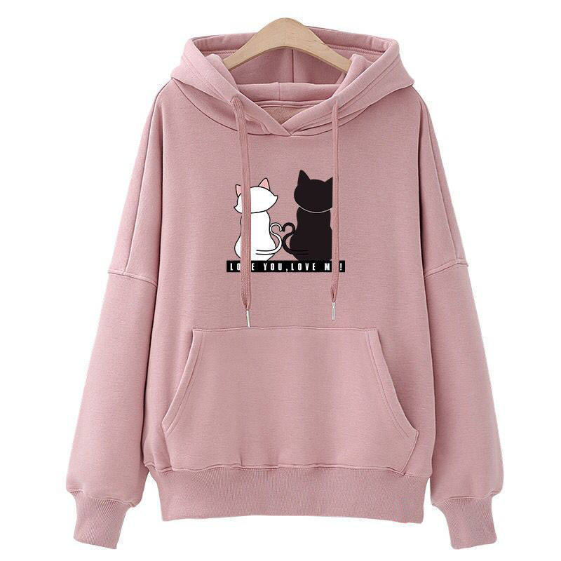 Damen Kapuzenpullover mit Katzen-Print, lockerem Schnitt und Kängurutasche – Auréline