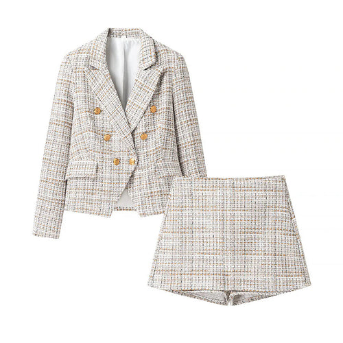 Damen tailliertes Bouclé‑Tweed Zweiteiler‑Set mit Doppelreiher‑Blazer und A‑Linien‑Shorts – Valéne