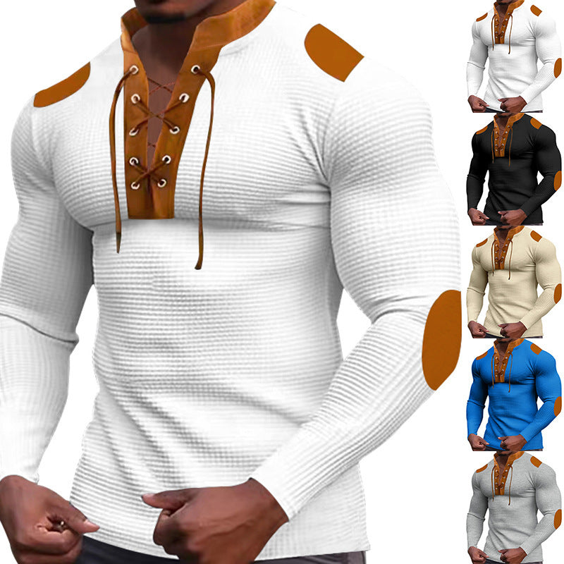Herren Langarm-Henley-Shirt mit strukturiertem Gewebe und modischem Schnürdesign Echoarchiv