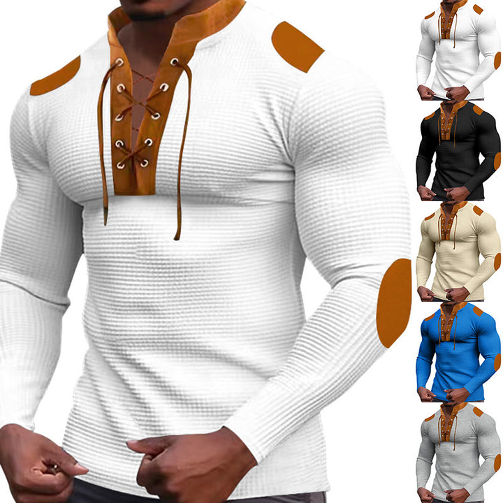 Herren Langarm-Henley-Shirt mit strukturiertem Gewebe und modischem Schnürdesign Echoarchiv