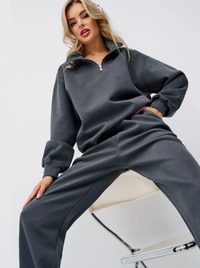 Damen Sweatset mit Halbreißverschluss, oversized Pullover und hochtaillierter weit geschnittener Jogginghose – Avérine