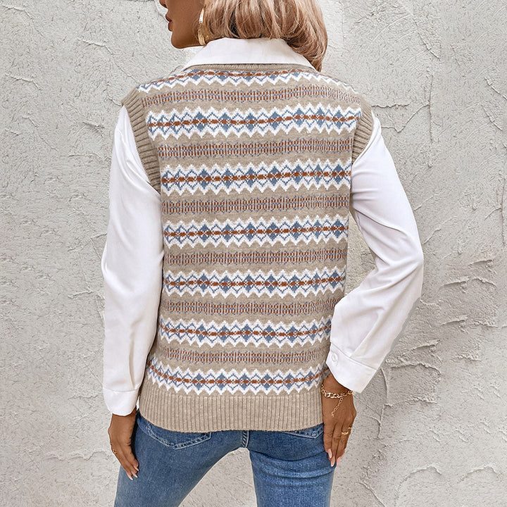 Damen Modischer Strickpullover mit V-Ausschnitt und geometrischem Muster Echo Archiv