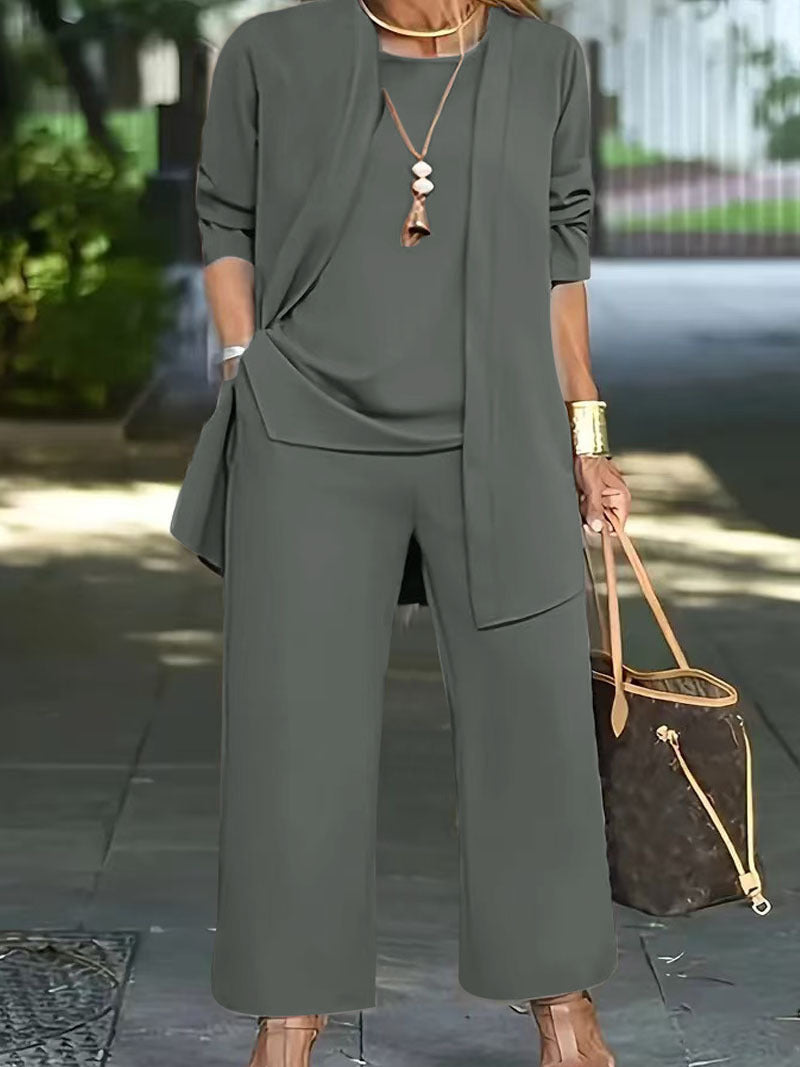 Damen Elegantes Zweiteiler-Set mit offenem Longcardigan, ärmellosem Top und weiter Palazzo-Hose – Élanora