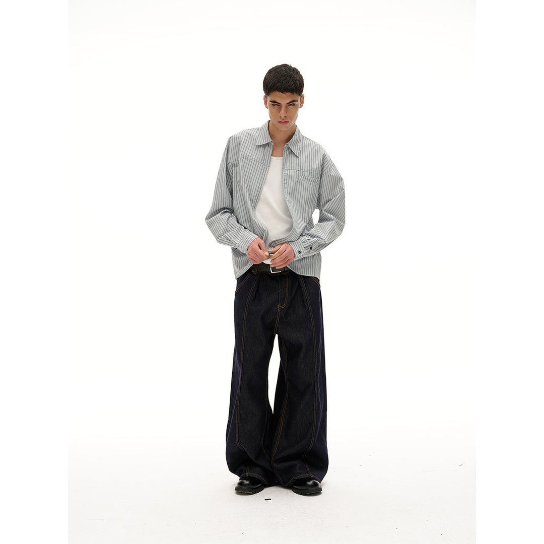 Unisex Leichte gestreifte Hemdjacke mit durchgehendem Reißverschluss und Brustpaspeltasche Echoarchiv
