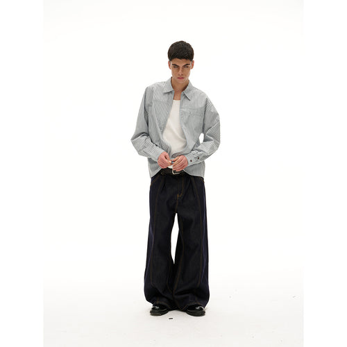 Unisex Leichte gestreifte Hemdjacke mit durchgehendem Reißverschluss und Brustpaspeltasche Echoarchiv