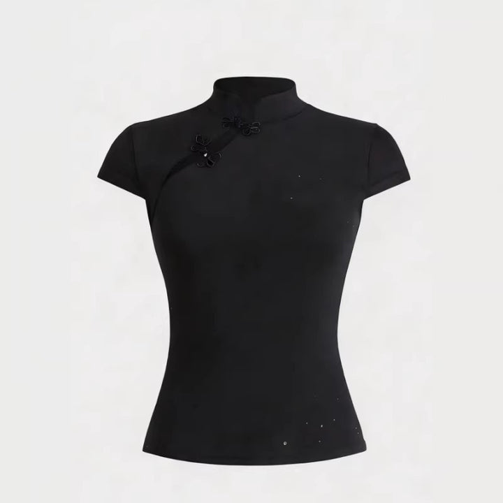 Damen Chinesisch inspirierte Bluse mit modernem Stehkragen und floralen Details Echo Archiv