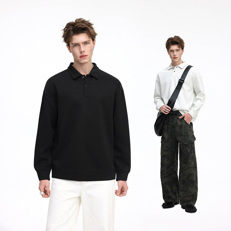 Herren Oversize Waffelstruktur-Polopullover mit halber Knopfleiste und gerippten Bündchen Echo Archiv