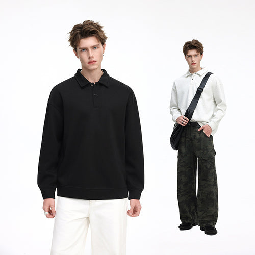 Herren Oversize Waffelstruktur-Polopullover mit halber Knopfleiste und gerippten Bündchen Echo Archiv