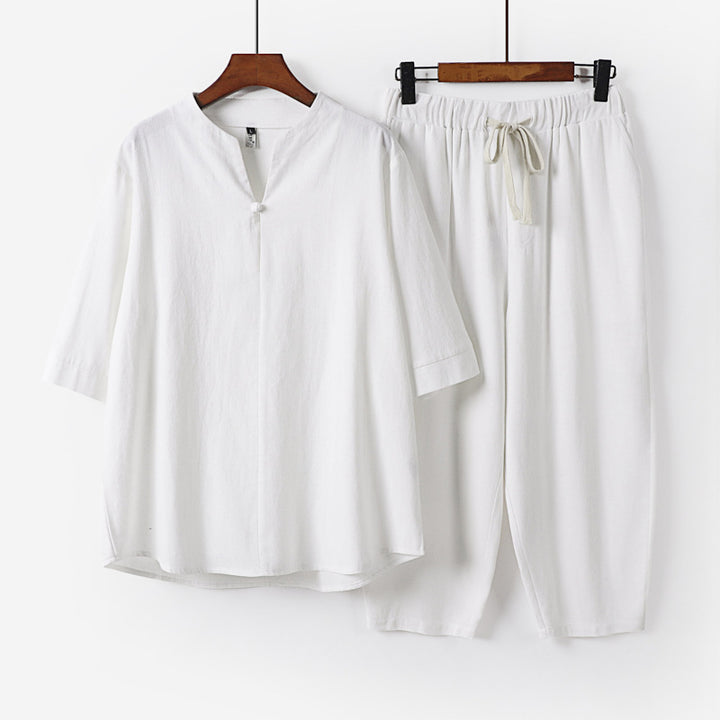 Damen Leichtes Leinen-Baumwoll-Loungewear-Set mit Stehkragen, Dreiviertelärmeln und Gummizugbundhose Echoarchiv