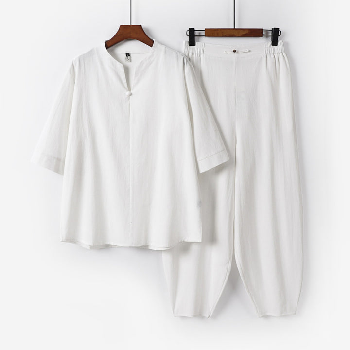Herren Zweiteiliges Leichtes Leinen-Baumwoll-Set mit Mandarin-Kragen und elastischer Bundhose Echoarchiv