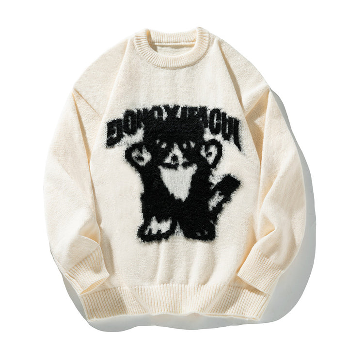 Unisex Oversize‑Strickpullover mit dreidimensionalem Flauschmotiv Katze und geripptem Saum Echo Archiv