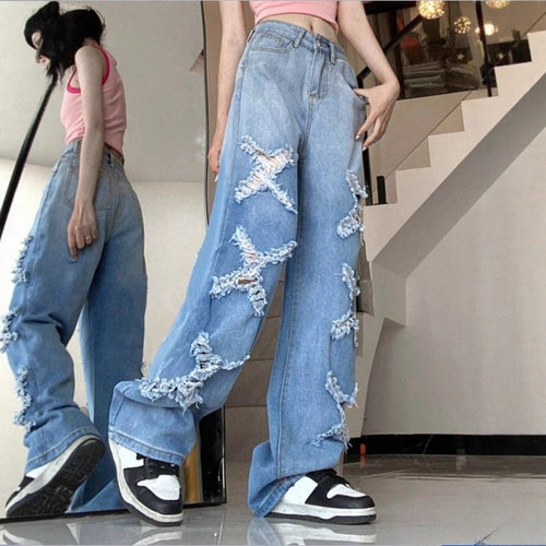 Damen Weite Denim-Jeans im Baggy-Stil mit dekorativen Fransenstern-Applikationen Echo Archiv