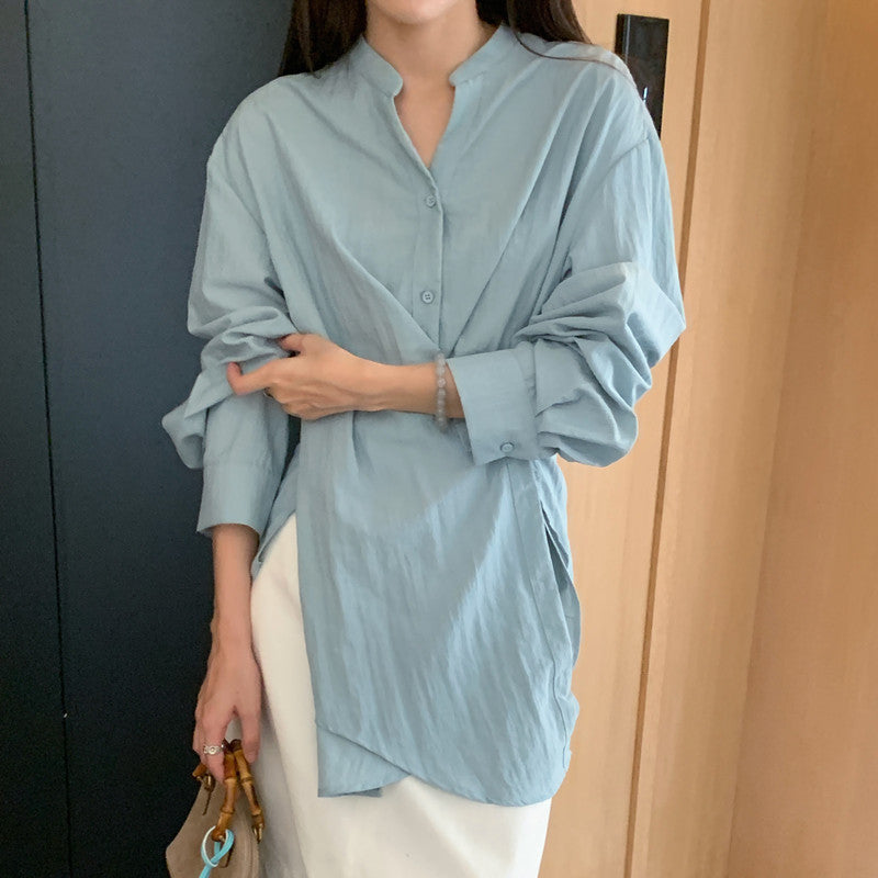 Damen Wickelbluse mit geraffter Taille und Ballonärmeln Echoarchiv