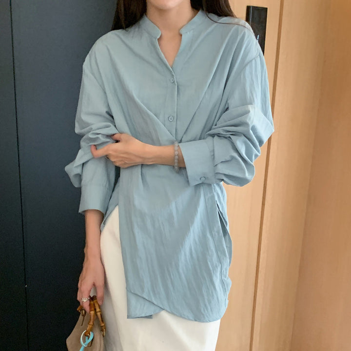 Damen Wickelbluse mit geraffter Taille und Ballonärmeln Echoarchiv