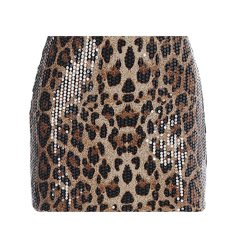 Damen Glitzernder Minirock mit Leopardenmuster und Paillettenbesatz Echo Archiv