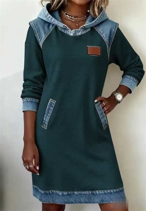 Damen nan Kapuzen-Sweatkleid mit Jeans-Applikationen, Kängurutaschen und lässigem Schnitt Echo Archiv