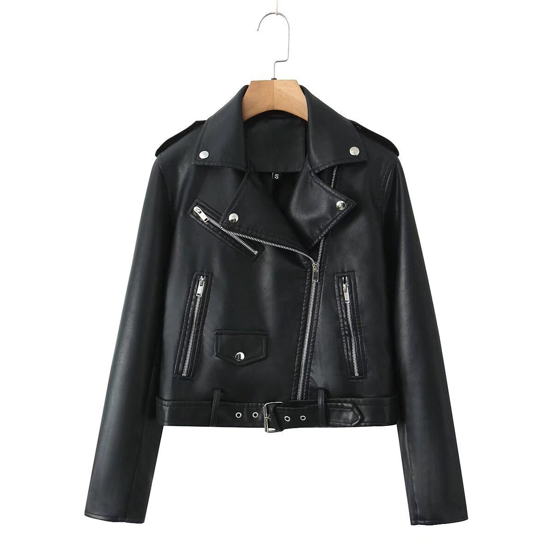 Damen Robuste taillierte Bikerjacke aus Kunstleder mit asymmetrischem Reißverschluss und Taillengürtel Echo Archiv