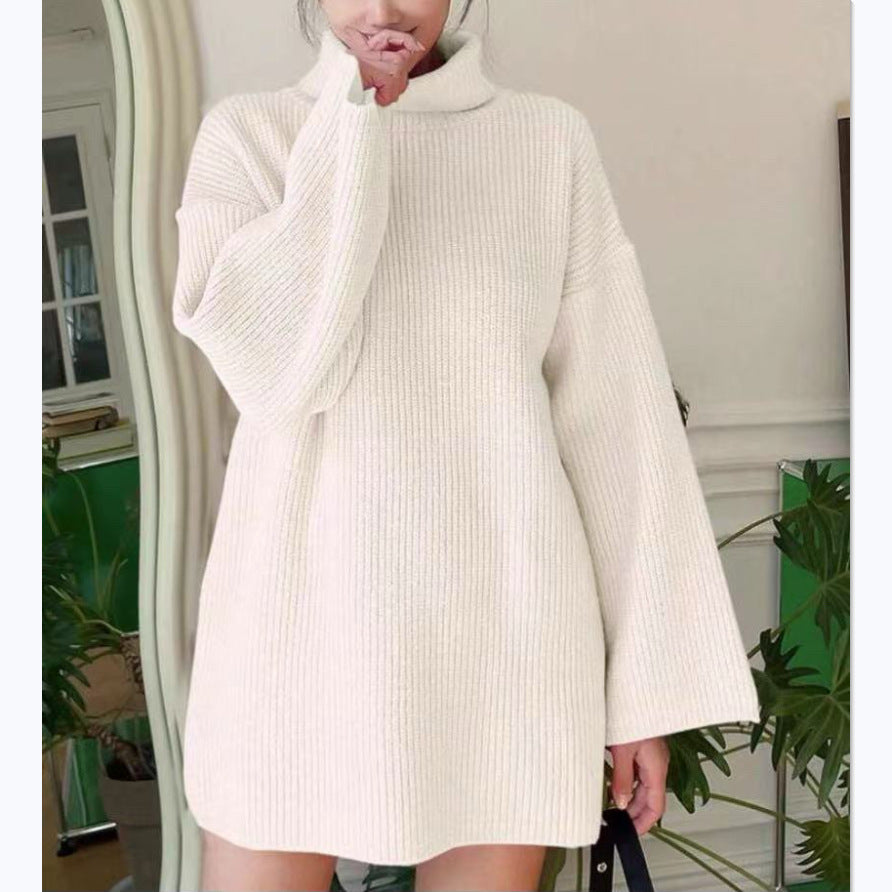 Damen Oversized geripptes Rollkragen‑Strickkleid mit Glockenärmeln – Mavelle