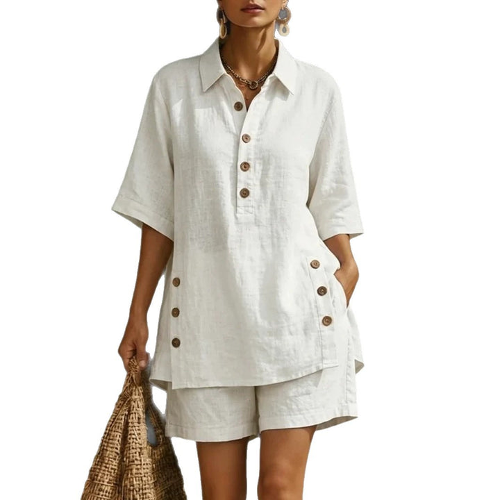 Damen nan luftiges Leinenoptik-Zweiteiler mit Oversize-Hemdbluse, Knopfleiste und Bermuda-Shorts Echo Archiv