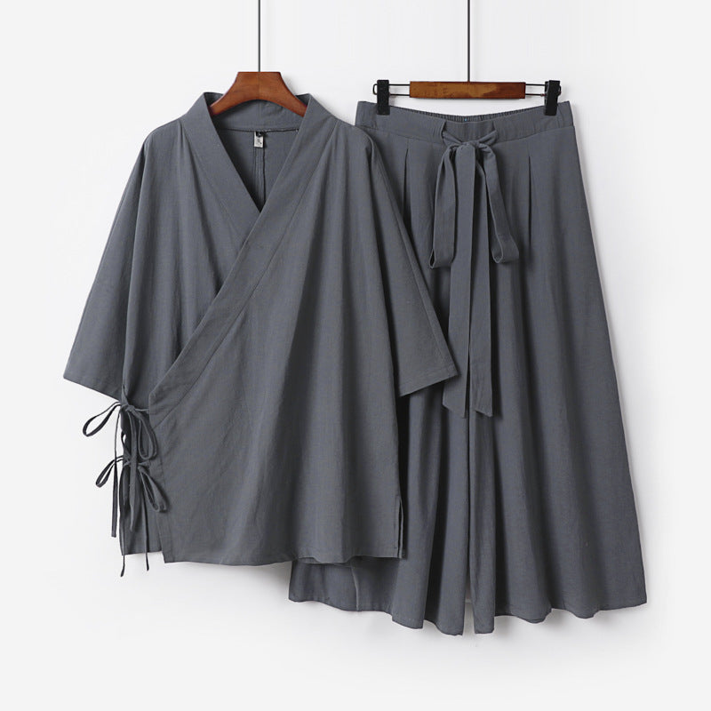 Damen Kimono-Loungewear-Set aus leichter Viskose mit Wickeloberteil und weitem Culotte-Hosenrock Echoarchiv