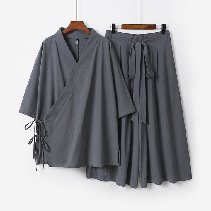 Damen Kimono-Loungewear-Set aus leichter Viskose mit Wickeloberteil und weitem Culotte-Hosenrock Echoarchiv