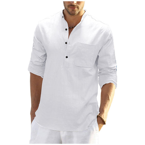 Herren Leinenhemd mit klassischem Henley-Ausschnitt und praktischer Brusttasche Echoarchiv