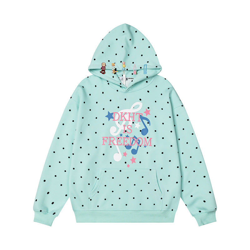 Damen Kapuzenpullover mit Polka-Dot, musikalischem Notenprint und Kängurutasche Echoarchiv