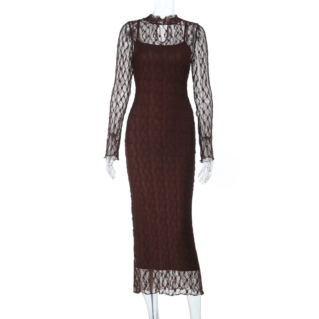 Damen Maxikleid aus transparenter Spitze mit eleganten Rüschendetails – Valéora