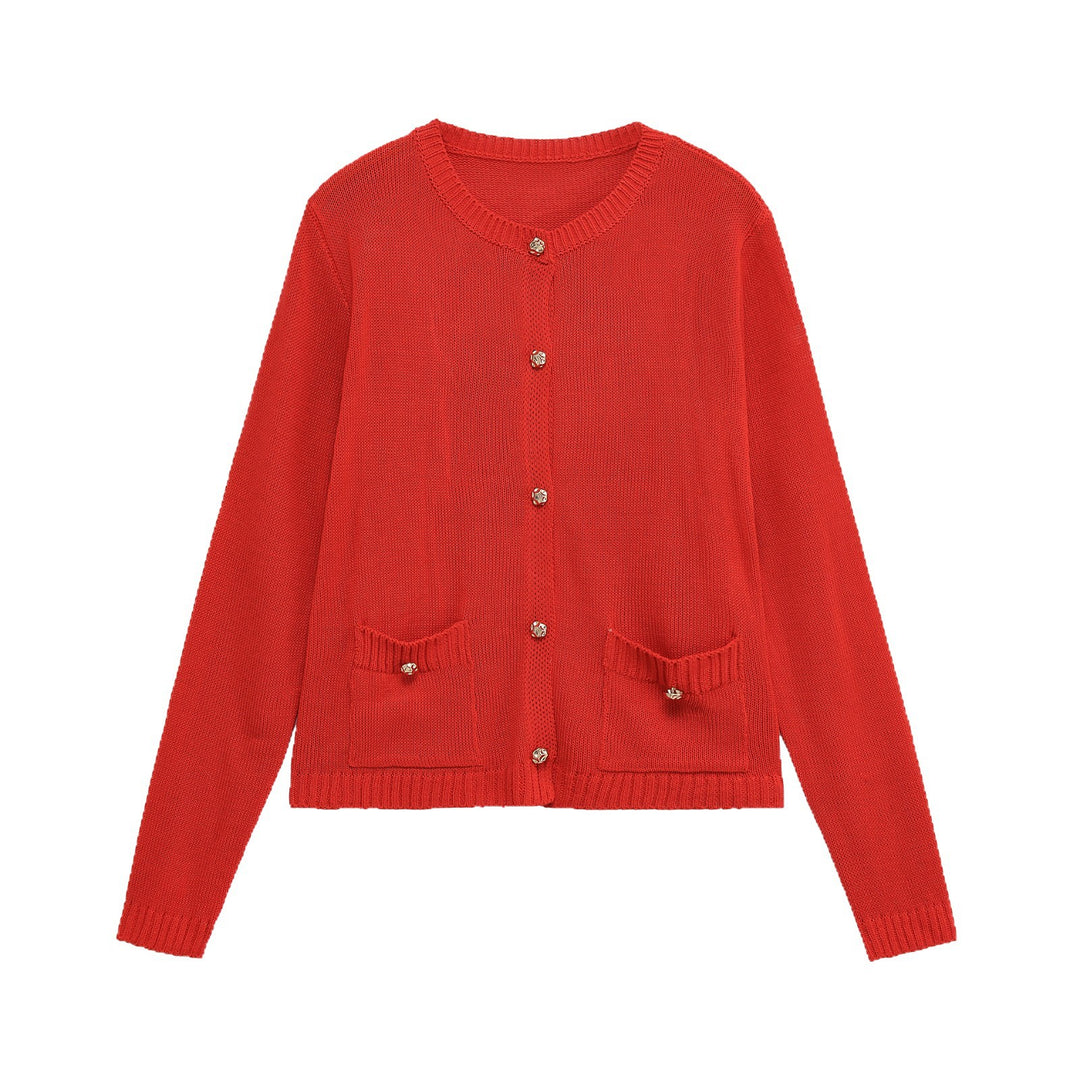 Damen Feiner Strick-Cardigan mit Zierknöpfen, Rundhalsausschnitt und aufgesetzten Taschen Echo Archiv