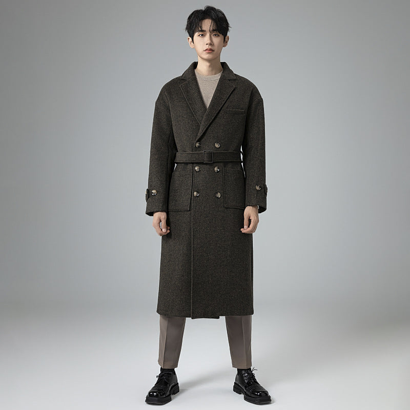 Herren Maxilanger Wollmix-Mantel im Tweed-Look mit Oversize-Schnitt, Doppelreihe und Bindegürtel Echoarchiv