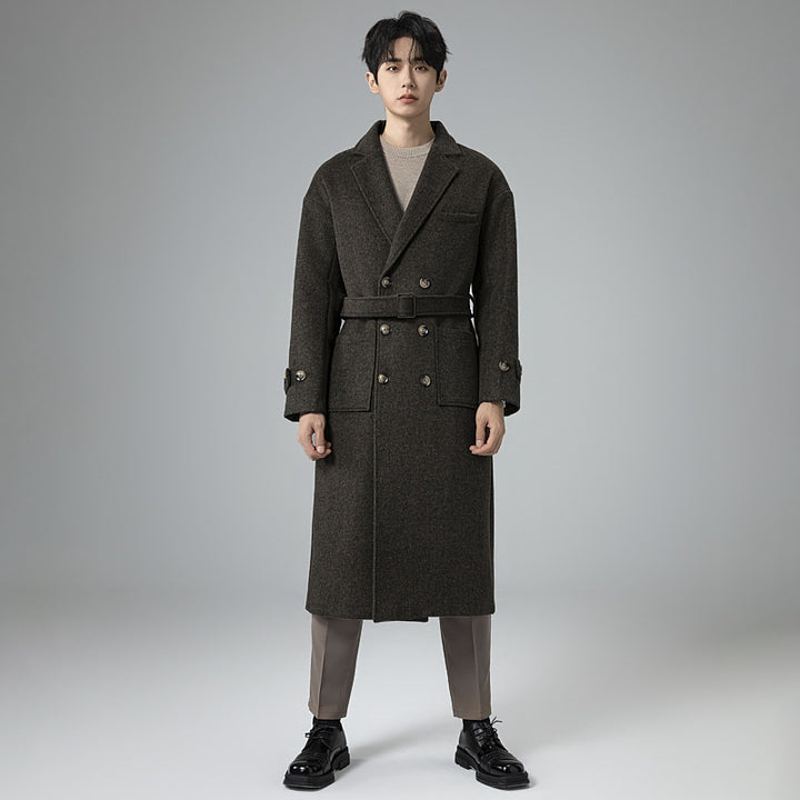 Herren Maxilanger Wollmix-Mantel im Tweed-Look mit Oversize-Schnitt, Doppelreihe und Bindegürtel Echoarchiv
