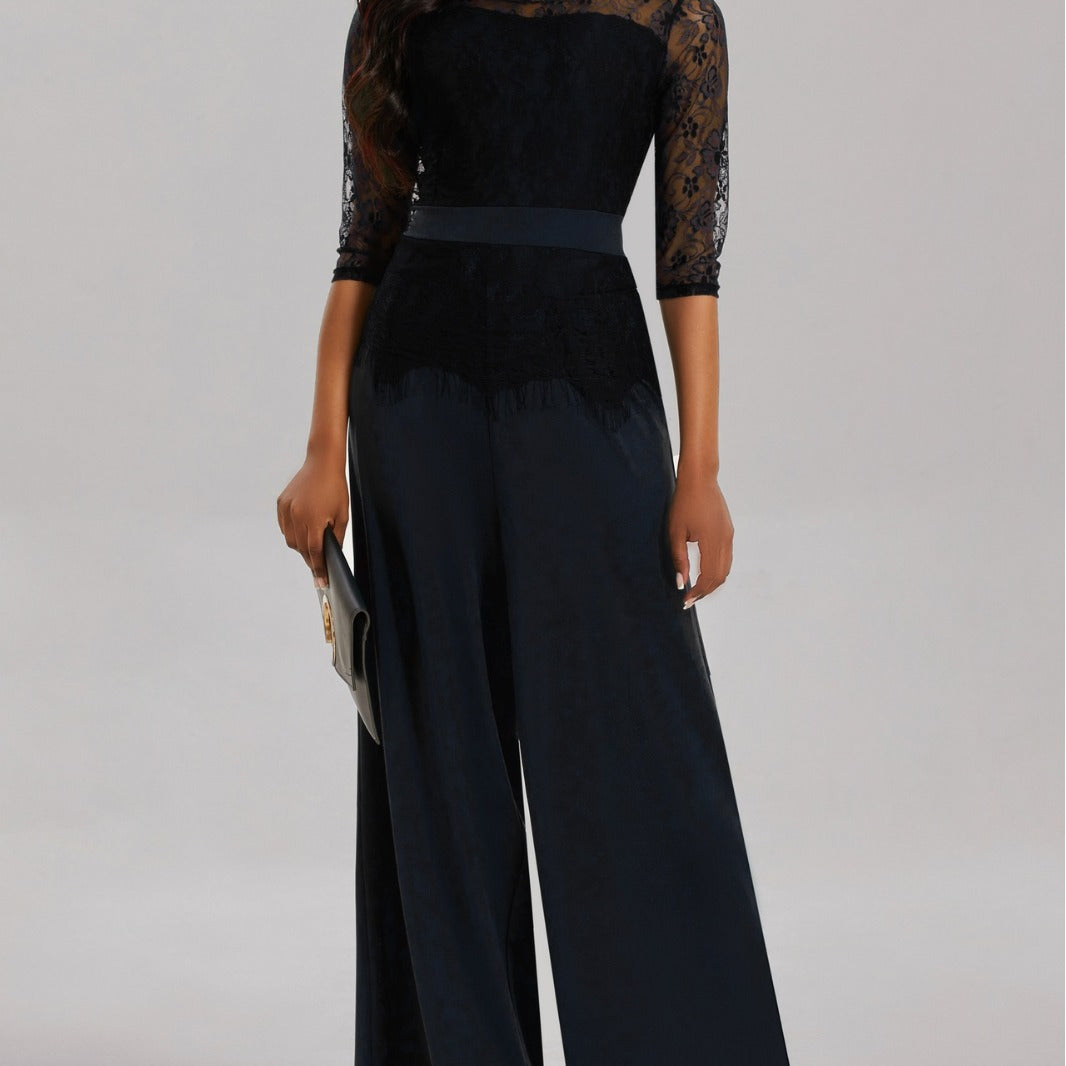 Eleganter Damen Jumpsuit mit Spitzenärmeln und Weitem Bein – Solévia