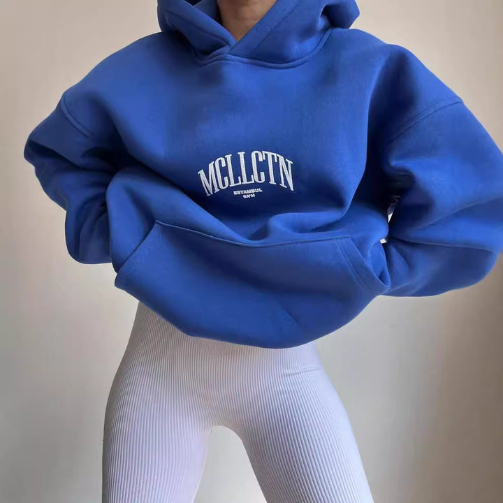 Damen Oversized Kapuzenpullover mit abstraktem Rückenprint und gerippten Bündchen Echoarchiv