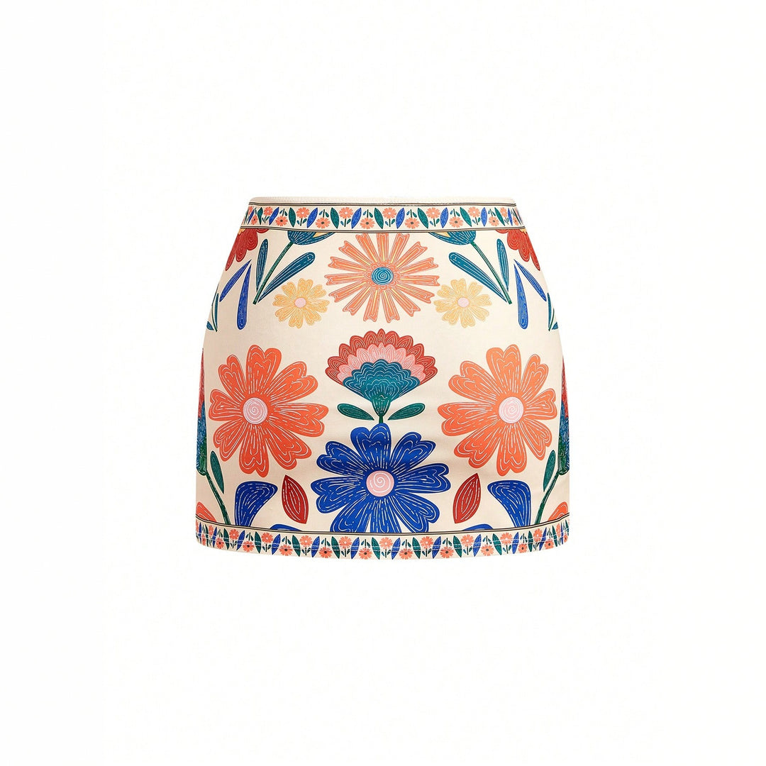 Damen Blumenmuster Badeanzug mit passendem Rock Echo Archiv