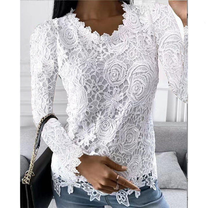 Damen nan figurbetonte Spitzenbluse mit floraler Allover-Spitze, Langarm und gezacktem Saum Echo Archiv