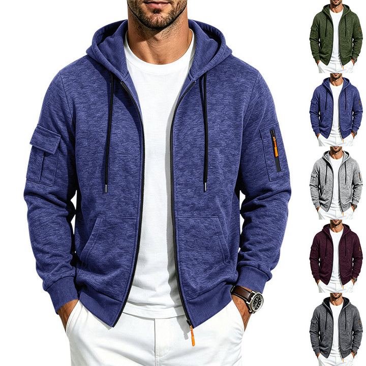 Herren Melierte Zip‑Hoodie‑Jacke mit Utility‑Ärmeltasche und Känguru‑Taschen Echoarchiv