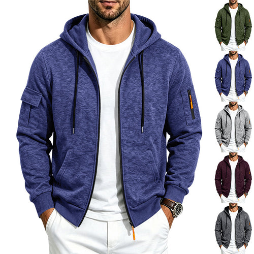Herren Melierte Zip‑Hoodie‑Jacke mit Utility‑Ärmeltasche und Känguru‑Taschen Echoarchiv