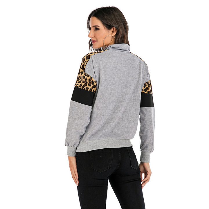 Damen Sweatshirt mit Stehkragen, halbem Reißverschluss & Leo-Detail – Mavelle