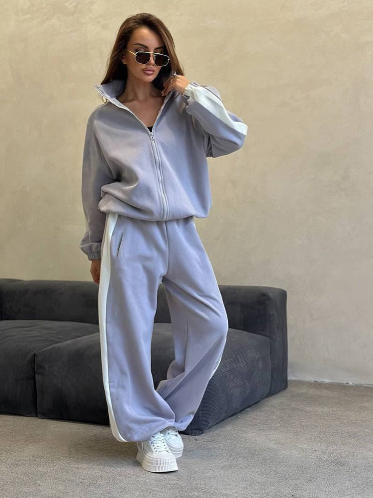 Damen Velours-Loungewear-Set mit Stehkragen, Zip-Jacke und weitem Palazzo-Hosenbein – Élanora