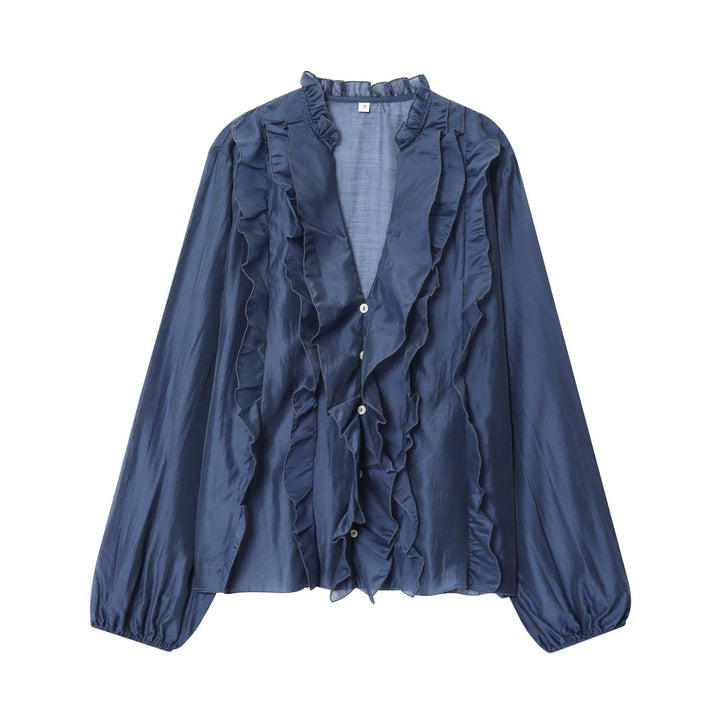 Damen seidige Rüschenbluse mit Stehkragen, Volantfront und Ballonärmeln – Élovi