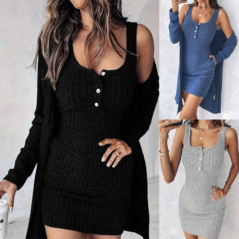Damen Geripptes Twinset aus figurbetontem Träger-Strickkleid und Offenem Longcardigan – Mavelle