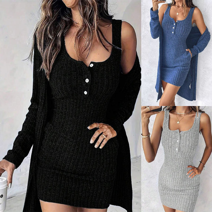 Damen Geripptes Twinset aus figurbetontem Träger-Strickkleid und Offenem Longcardigan – Mavelle