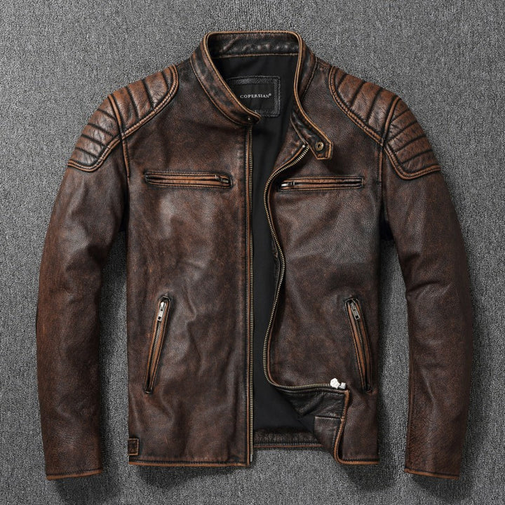 Herren Vintage Biker-Lederjacke mit Stehkragen und gesteppter Schulterpolsterung Echoarchiv