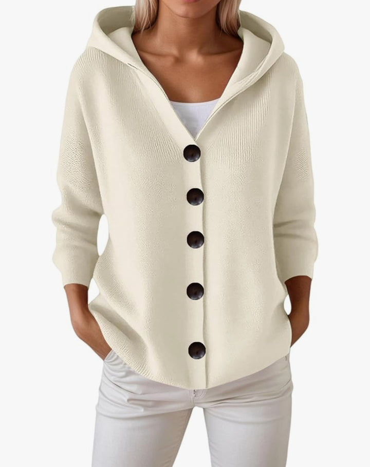 Damen Kapuzen-Strickjacke mit großen Holzknöpfen und seitlichen Eingrifftaschen – Veloura