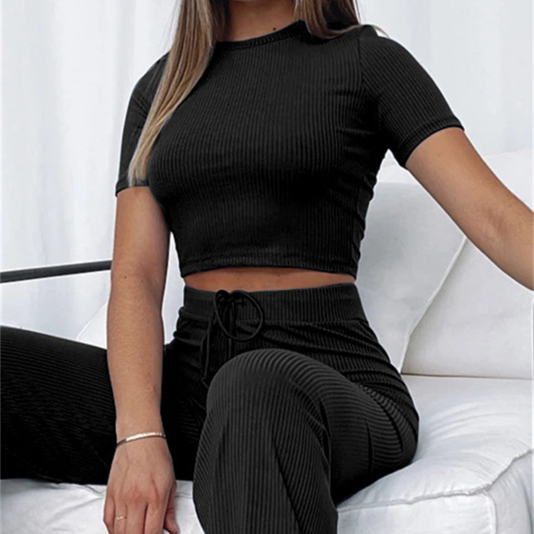 Damen Geripptes Crop-Set aus Stretch‑Jersey mit taillenhoher Kordel-Hose – Élanora