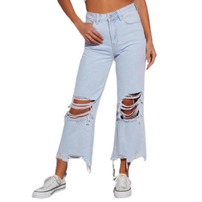 Damen nan cropped-weitjeans mit hoher Taille, ausgefranstem Saum und starkem Knee-Ripping Echo Archiv