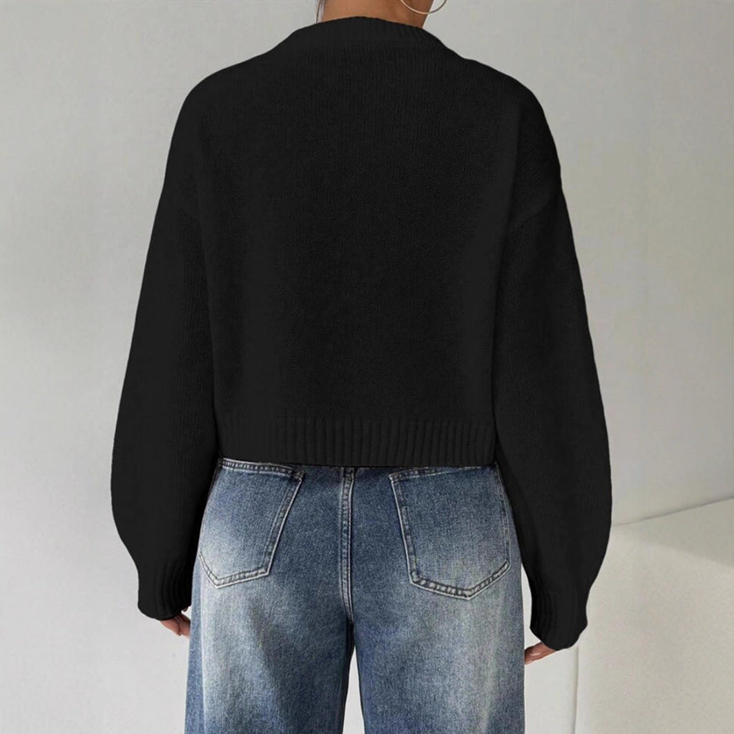 Damen Kurz-Cropped Pullover aus feinem Strick mit Ballonärmeln und geripptem Bund – Mavelle