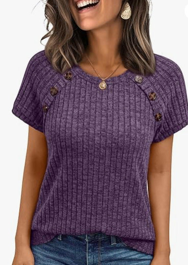 Damen lässiges Rippenstrick-T-Shirt mit Knöpfen Echo Archiv